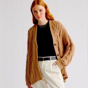 Quince oversize cotton cable cardigan camel color XS